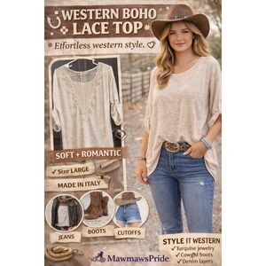 Western Boho Lace Inset Top Beige Slub Knit Roll Tab Sleeve Large NWT